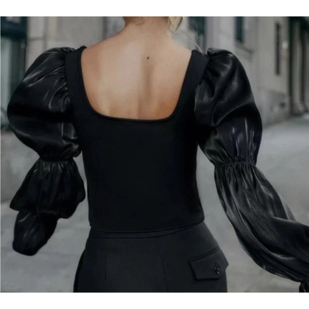 Zara Black Puff-Sleeve Button-Front Blouse - Picture 3 of 9